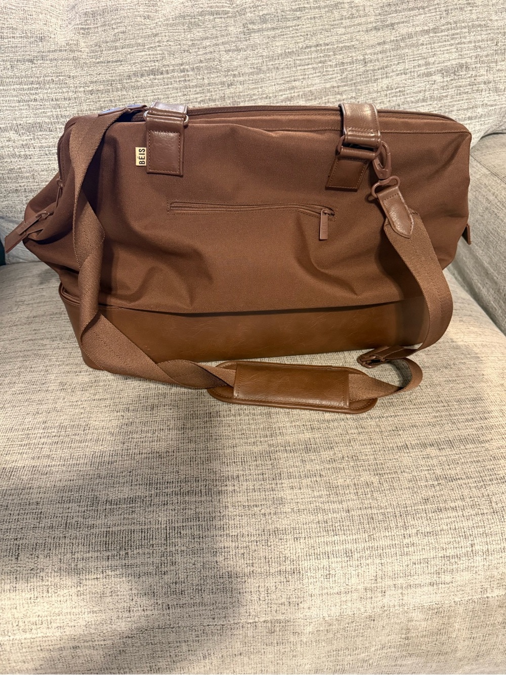 BEIS Brown Canvas Duffel with Leather Trim and Adjustable Strap